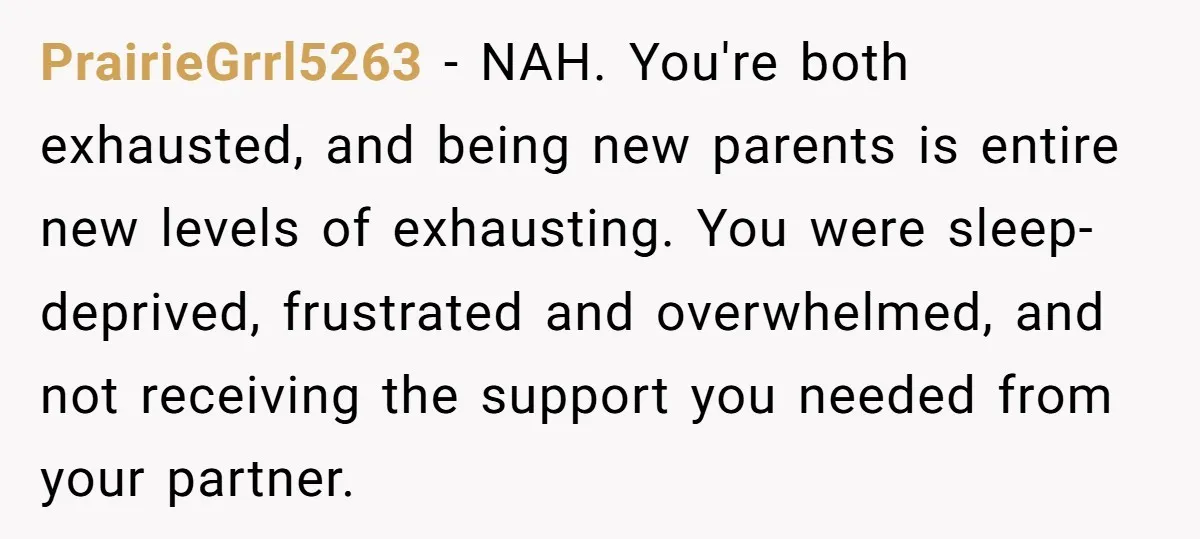 PrairieGrrl5263 − NAH. You're both exhausted, and being new parents is entire new levels of exhausting. You were sleep-deprived, frustrated and overwhelmed, and not receiving the support you needed from...
