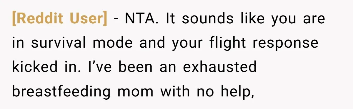 [Reddit User] − NTA. It sounds like you are in survival mode and your flight response kicked in. I’ve been an exhausted breastfeeding mom with no help,