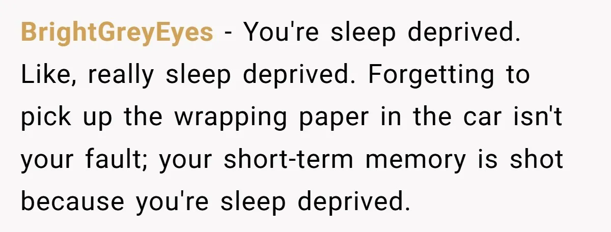 BrightGreyEyes − You're sleep deprived. Like, really sleep deprived. Forgetting to pick up the wrapping paper in the car isn't your fault; your short-term memory is shot because you're sleep...