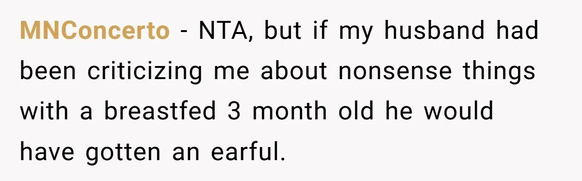 MNConcerto − NTA, but if my husband had been criticizing me about nonsense things with a breastfed 3 month old he would have gotten an earful.