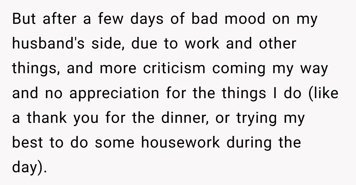 But after a few days of bad mood on my husband's side, due to work and other things, and more criticism coming my way and no appreciation for the things...