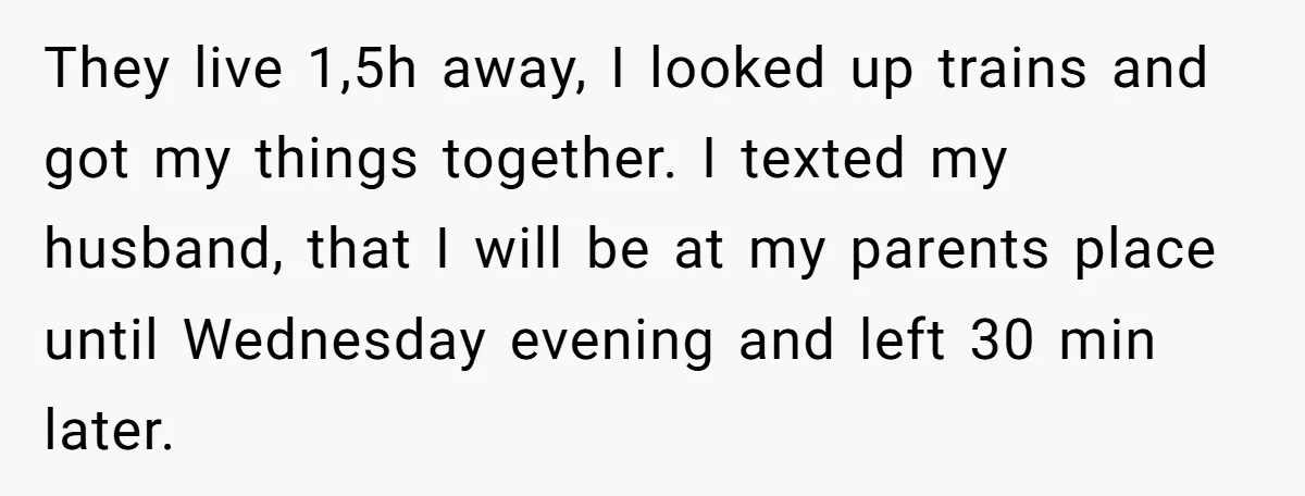 They live 1,5h away, I looked up trains and got my things together. I texted my husband, that I will be at my parents place until Wednesday evening and left...