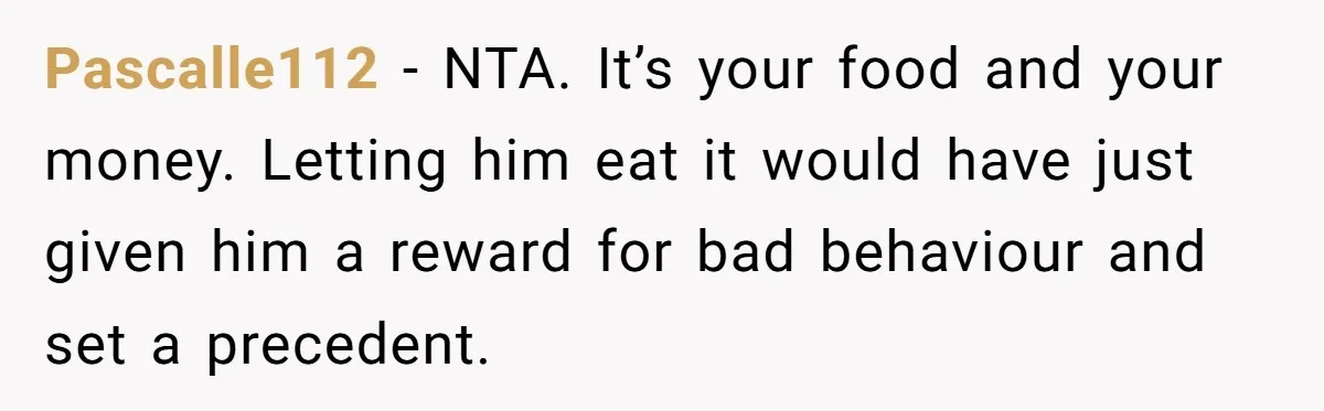 Pascalle112 − NTA. It’s your food and your money. Letting him eat it would have just given him a reward for bad behaviour and set a precedent.