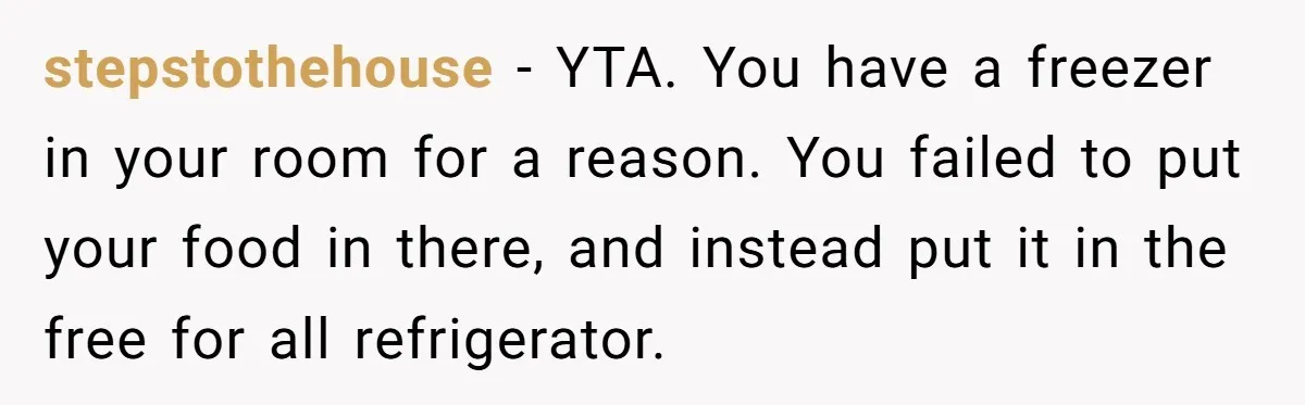 stepstothehouse − YTA. You have a freezer in your room for a reason. You failed to put your food in there, and instead put it in the free for all...