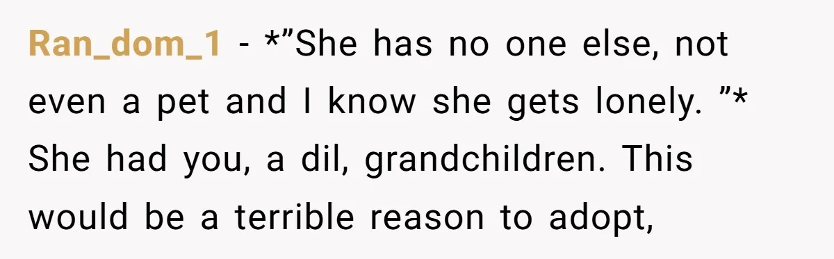 Ran_dom_1 − *”She has no one else, not even a pet and I know she gets lonely. ”* She had you, a dil, grandchildren. This would be a terrible reason...