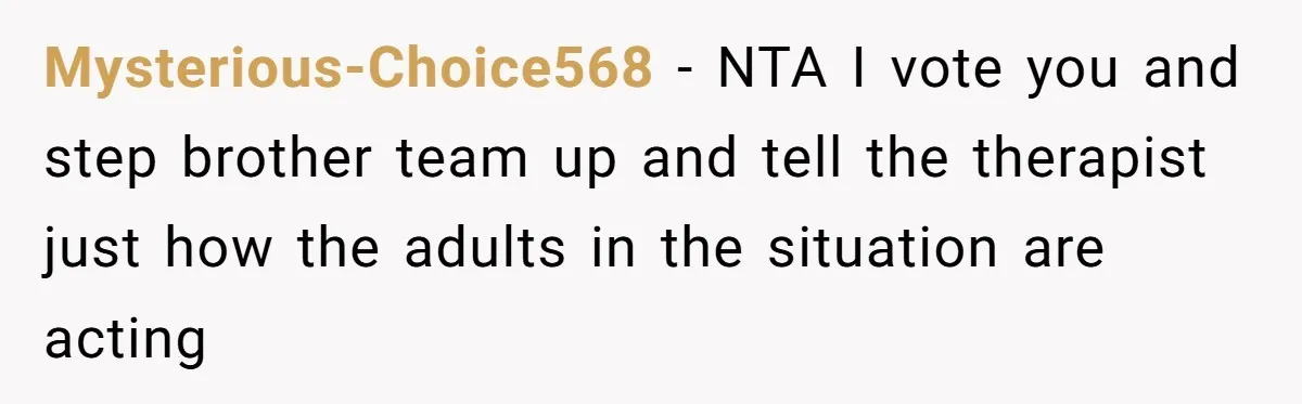Mysterious-Choice568 − NTA I vote you and step brother team up and tell the therapist just how the adults in the situation are acting