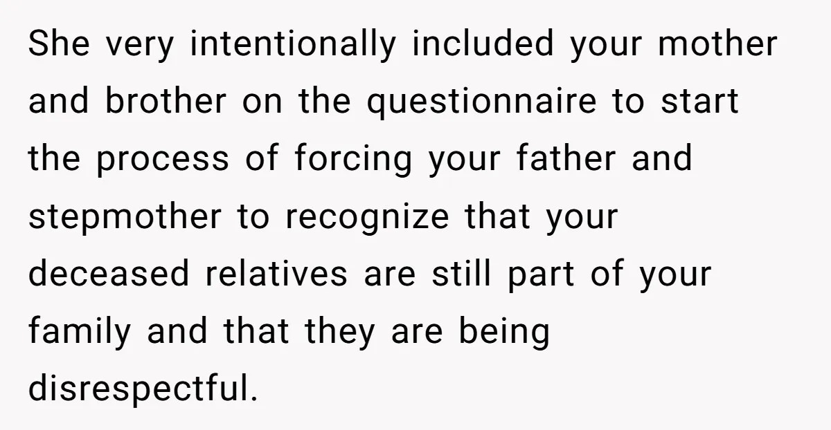 She very intentionally included your mother and brother on the questionnaire to start the process of forcing your father and stepmother to recognize that your deceased relatives are still part...