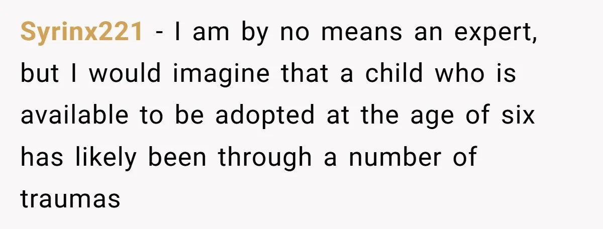 Syrinx221 − I am by no means an expert, but I would imagine that a child who is available to be adopted at the age of six has likely been...