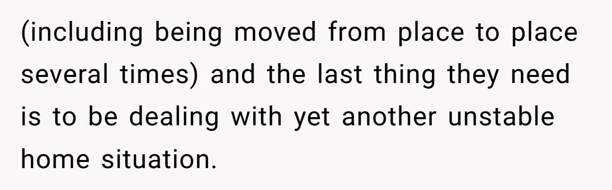 (including being moved from place to place several times) and the last thing they need is to be dealing with yet another unstable home situation.
