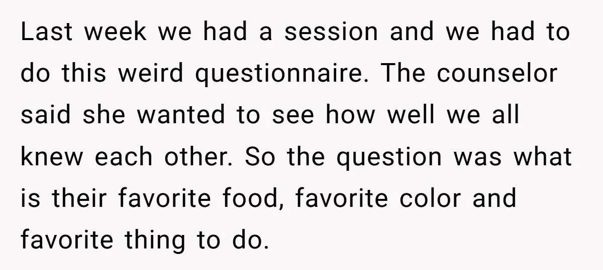 Last week we had a session and we had to do this weird questionnaire. The counselor said she wanted to see how well we all knew each other. So the...
