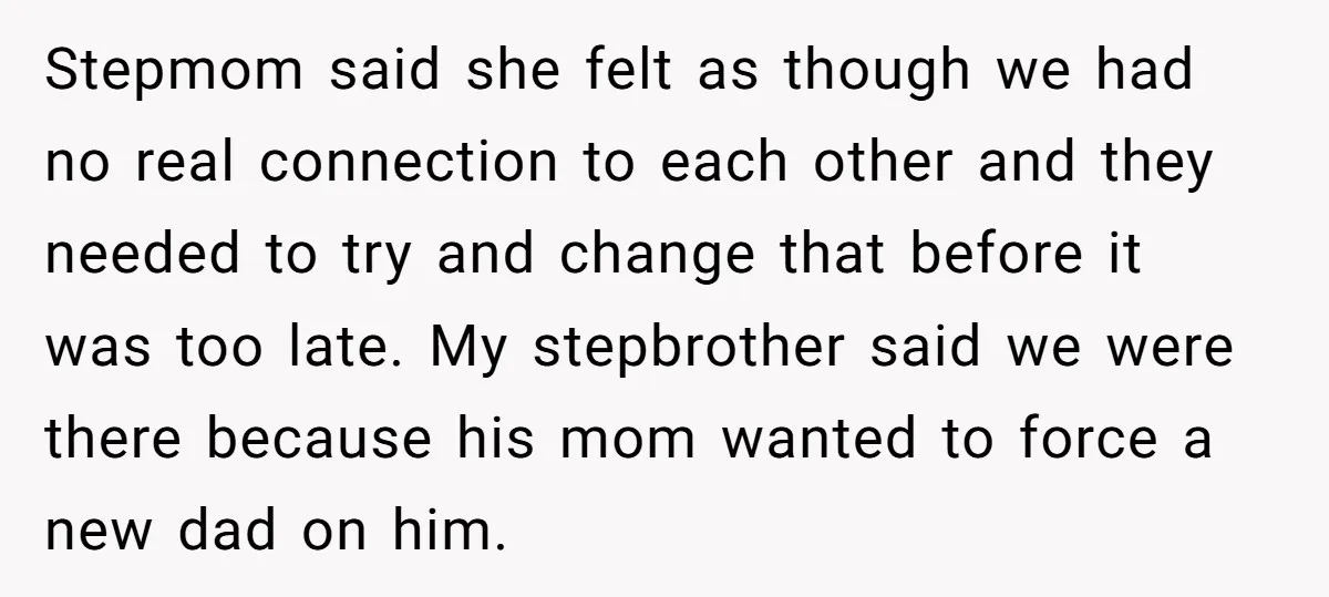 Stepmom said she felt as though we had no real connection to each other and they needed to try and change that before it was too late. My stepbrother said...