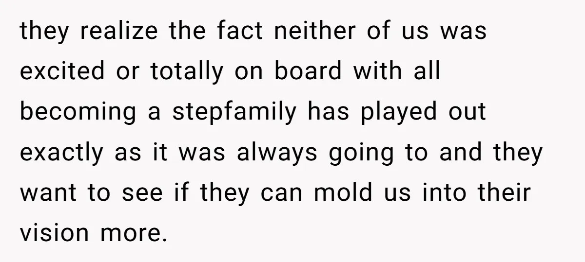 they realize the fact neither of us was excited or totally on board with all becoming a stepfamily has played out exactly as it was always going to and they...