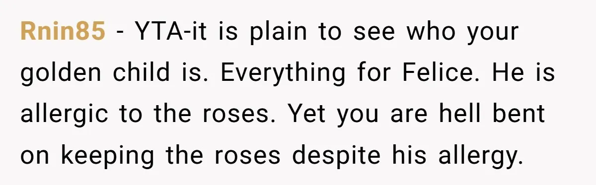 Rnin85 − YTA-it is plain to see who your golden child is. Everything for Felice. He is allergic to the roses. Yet you are hell bent on keeping the roses...