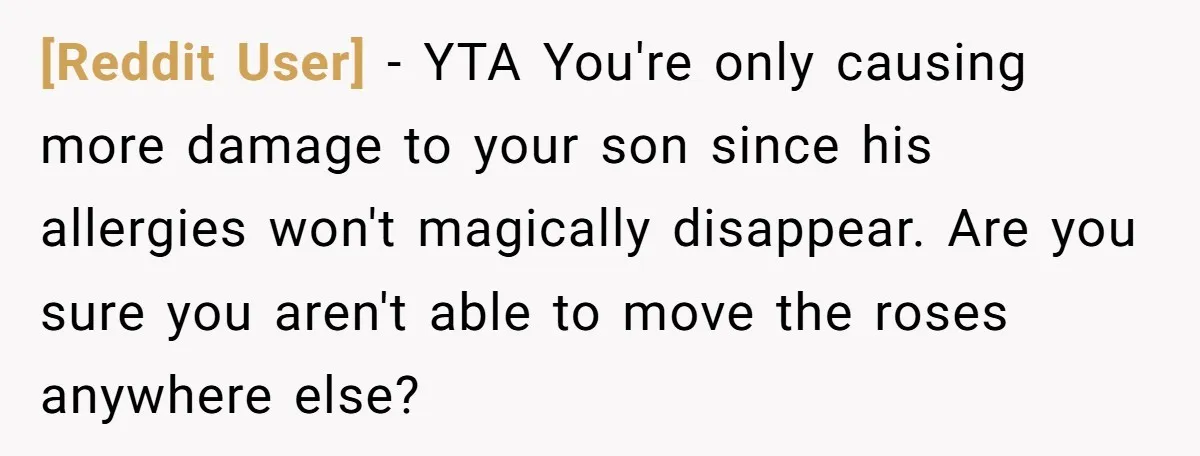 [Reddit User] − YTA You're only causing more damage to your son since his allergies won't magically disappear. Are you sure you aren't able to move the roses anywhere else?
