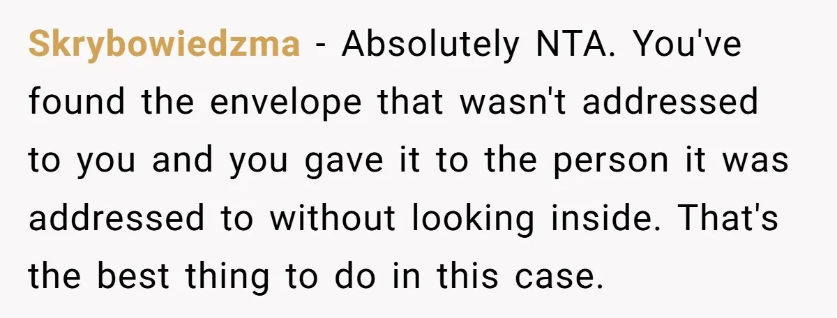 Skrybowiedzma − Absolutely NTA. You've found the envelope that wasn't addressed to you and you gave it to the person it was addressed to without looking inside. That's the best...