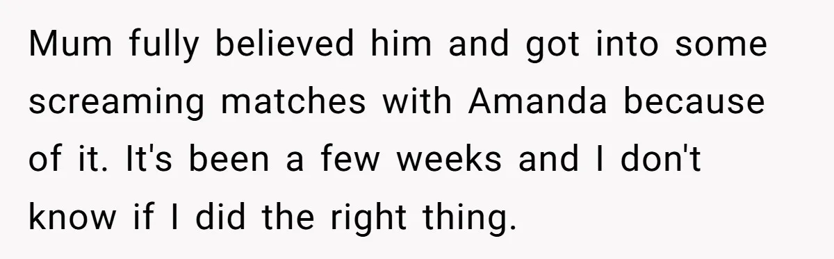 Mum fully believed him and got into some screaming matches with Amanda because of it. It's been a few weeks and I don't know if I did the right thing.