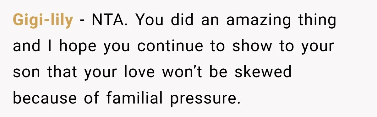 Gigi-lily − NTA. You did an amazing thing and I hope you continue to show to your son that your love won’t be skewed because of familial pressure.