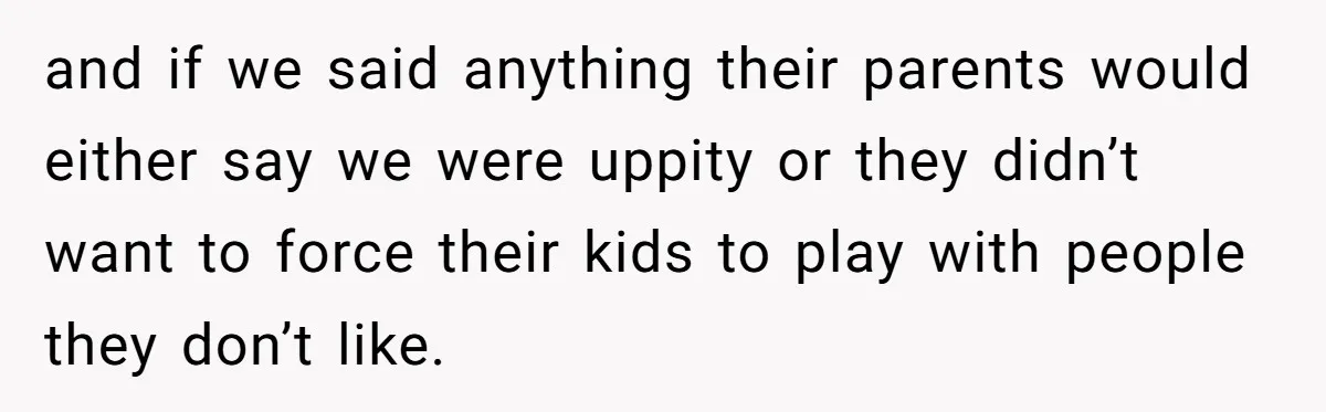 and if we said anything their parents would either say we were uppity or they didn’t want to force their kids to play with people they don’t like.