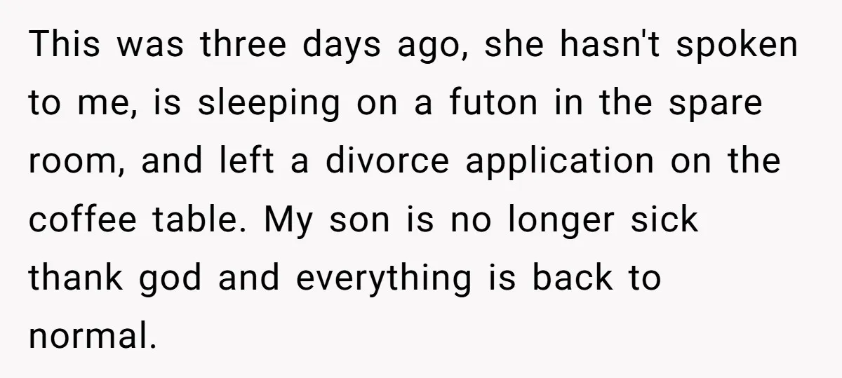 This was three days ago, she hasn't spoken to me, is sleeping on a futon in the spare room, and left a divorce application on the coffee table. My son...
