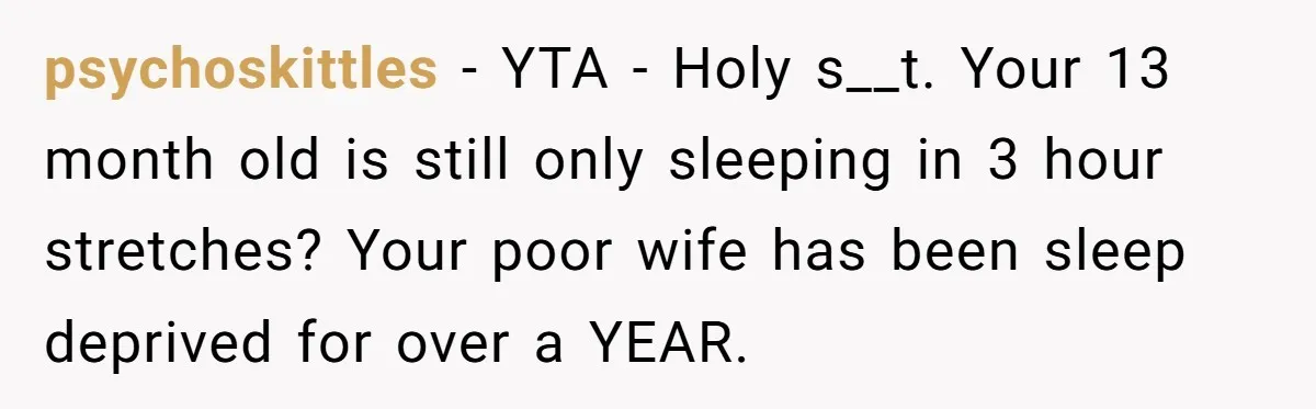 psychoskittles − YTA - Holy s__t. Your 13 month old is still only sleeping in 3 hour stretches? Your poor wife has been sleep deprived for over a YEAR.