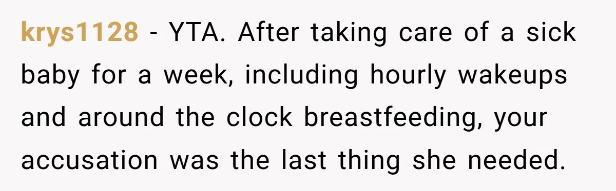 krys1128 − YTA. After taking care of a sick baby for a week, including hourly wakeups and around the clock breastfeeding, your accusation was the last thing she needed.
