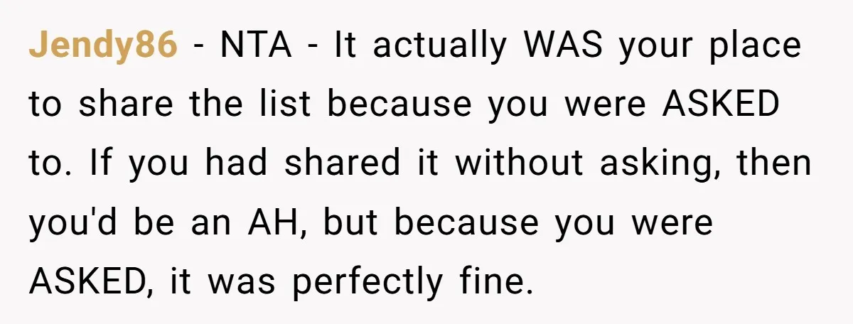 Jendy86 − NTA - It actually WAS your place to share the list because you were ASKED to. If you had shared it without asking, then you'd be an AH,...