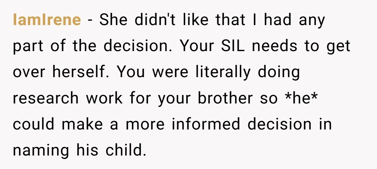 IamIrene − She didn't like that I had any part of the decision. Your SIL needs to get over herself. You were literally doing research work for your brother so...