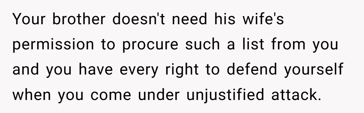 Your brother doesn't need his wife's permission to procure such a list from you and you have every right to defend yourself when you come under unjustified attack.