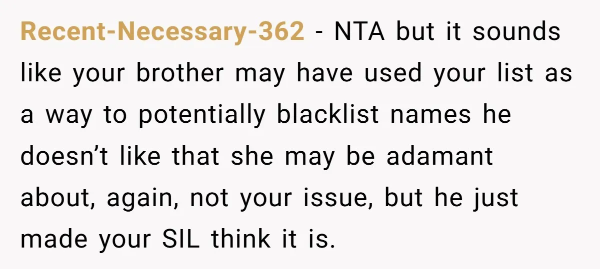 Recent-Necessary-362 − NTA but it sounds like your brother may have used your list as a way to potentially blacklist names he doesn’t like that she may be adamant about,...