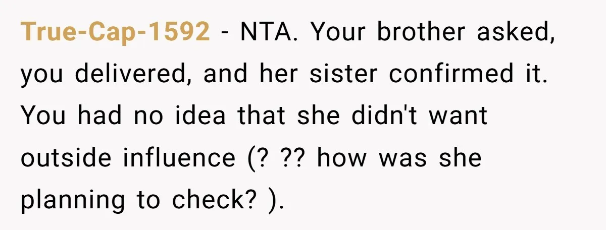True-Cap-1592 − NTA. Your brother asked, you delivered, and her sister confirmed it. You had no idea that she didn't want outside influence (? ?? how was she planning to...