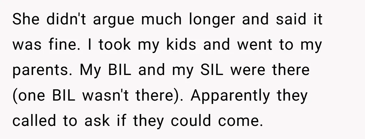 She didn't argue much longer and said it was fine. I took my kids and went to my parents. My BIL and my SIL were there (one BIL wasn't there)....