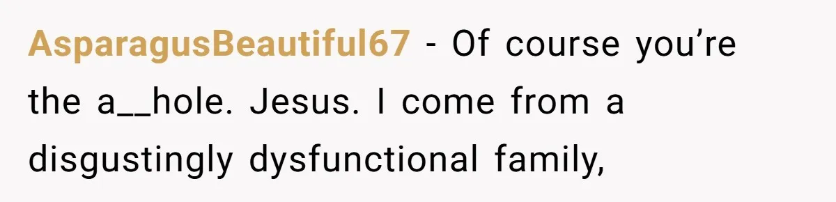 AsparagusBeautiful67 − Of course you’re the a__hole. Jesus. I come from a disgustingly dysfunctional family,