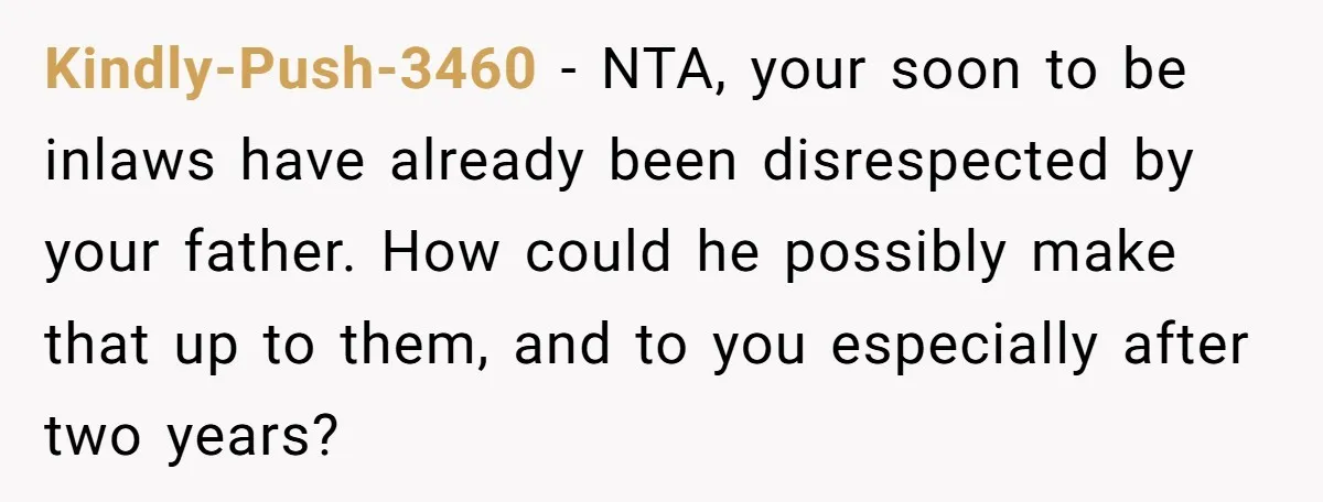 Kindly-Push-3460 − NTA, your soon to be inlaws have already been disrespected by your father. How could he possibly make that up to them, and to you especially after two...