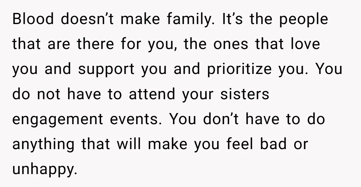 Blood doesn’t make family. It’s the people that are there for you, the ones that love you and support you and prioritize you. You do not have to attend your...