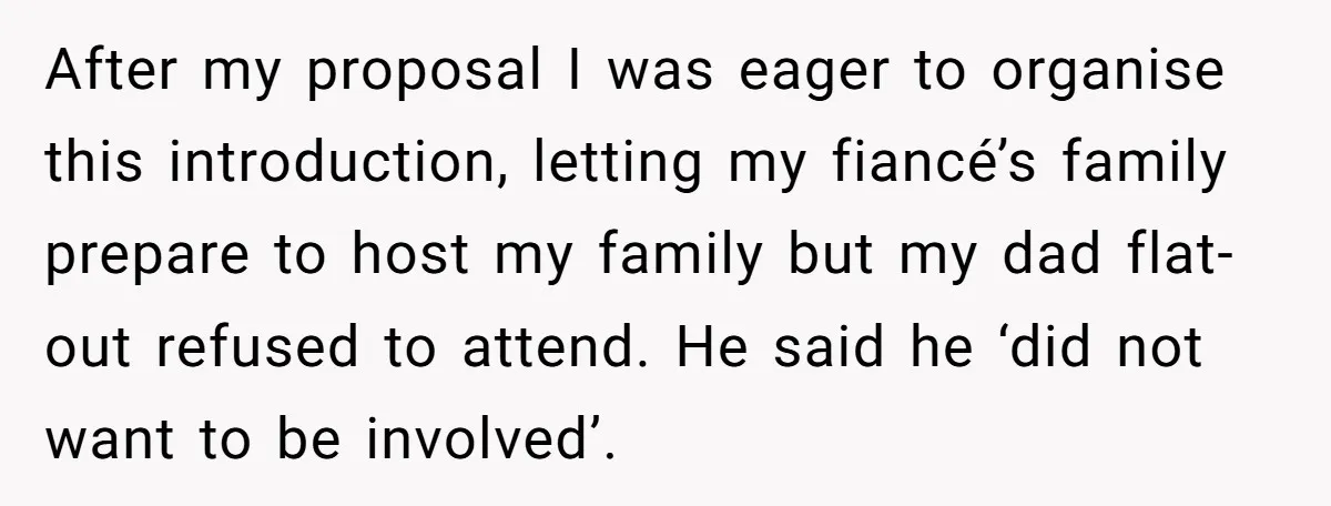 After my proposal I was eager to organise this introduction, letting my fiancé’s family prepare to host my family but my dad flat-out refused to attend. He said he ‘did...