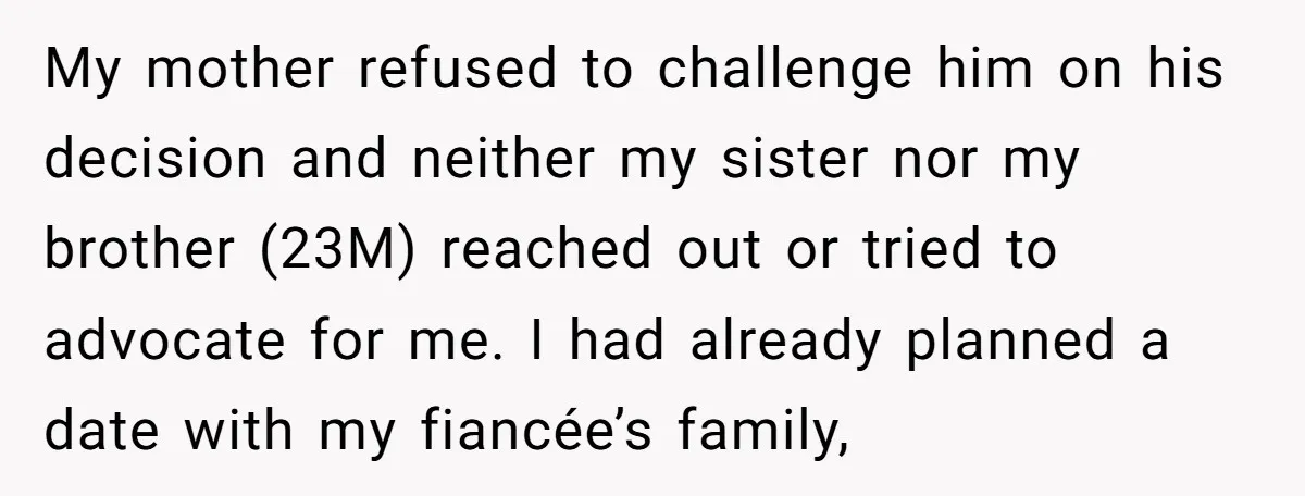 My mother refused to challenge him on his decision and neither my sister nor my brother (23M) reached out or tried to advocate for me. I had already planned a...