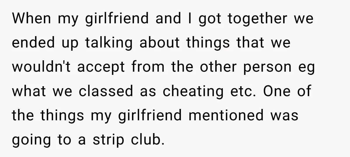 When my girlfriend and I got together we ended up talking about things that we wouldn't accept from the other person eg what we classed as cheating etc. One of...
