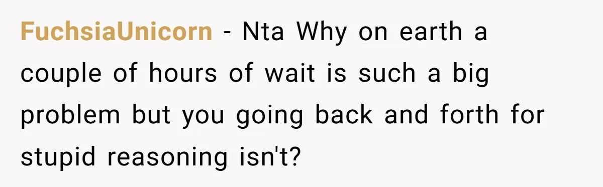 FuchsiaUnicorn − Nta Why on earth a couple of hours of wait is such a big problem but you going back and forth for stupid reasoning isn't?