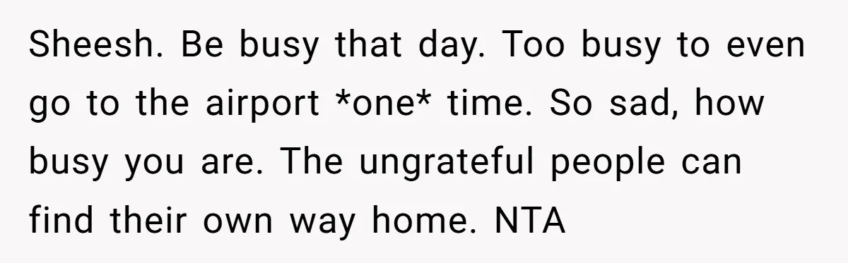 Sheesh. Be busy that day. Too busy to even go to the airport *one* time. So sad, how busy you are. The ungrateful people can find their own way home....