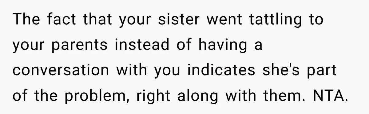 The fact that your sister went tattling to your parents instead of having a conversation with you indicates she's part of the problem, right along with them. NTA.