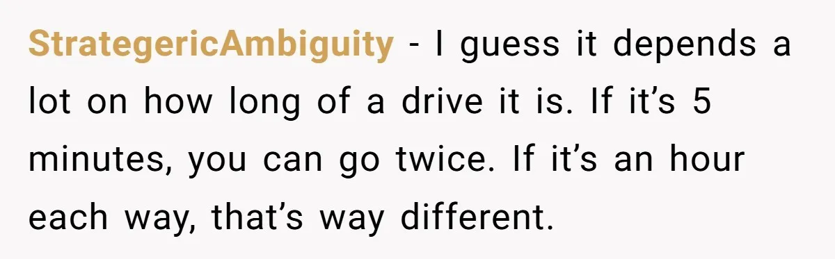 StrategericAmbiguity − I guess it depends a lot on how long of a drive it is. If it’s 5 minutes, you can go twice. If it’s an hour each way,...