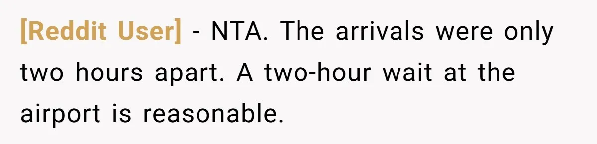 [Reddit User] − NTA. The arrivals were only two hours apart. A two-hour wait at the airport is reasonable.