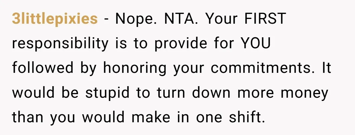 3littlepixies − Nope. NTA. Your FIRST responsibility is to provide for YOU followed by honoring your commitments. It would be stupid to turn down more money than you would make...