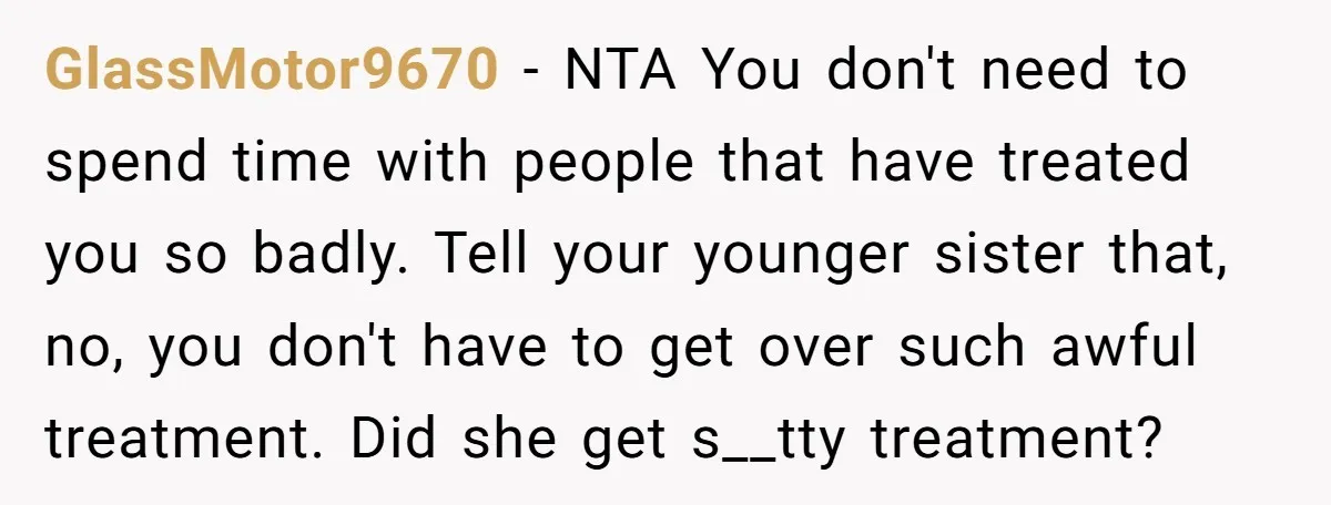 GlassMotor9670 − NTA You don't need to spend time with people that have treated you so badly. Tell your younger sister that, no, you don't have to get over such...