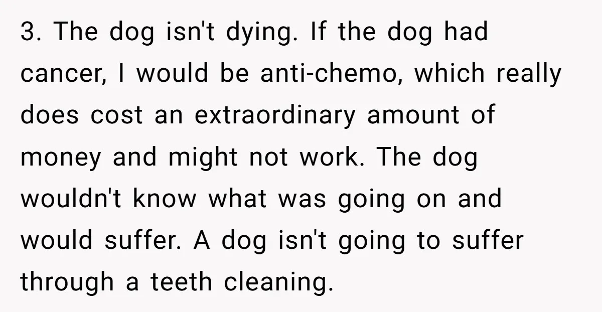 3. The dog isn't dying. If the dog had cancer, I would be anti-chemo, which really does cost an extraordinary amount of money and might not work. The dog wouldn't...