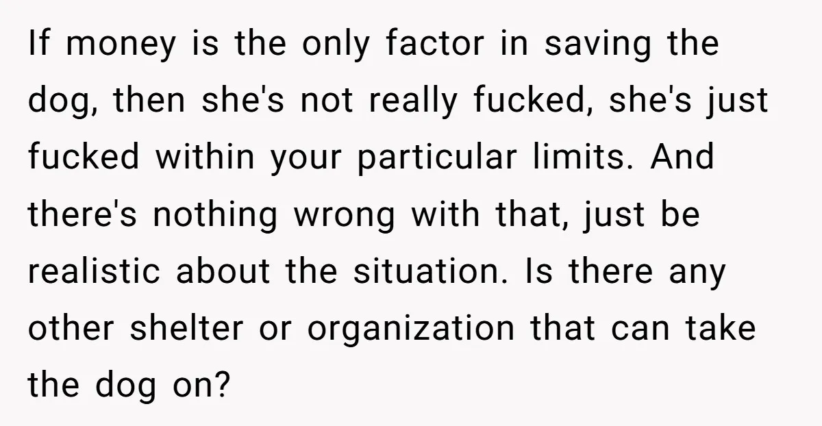 If money is the only factor in saving the dog, then she's not really fucked, she's just fucked within your particular limits. And there's nothing wrong with that, just be...