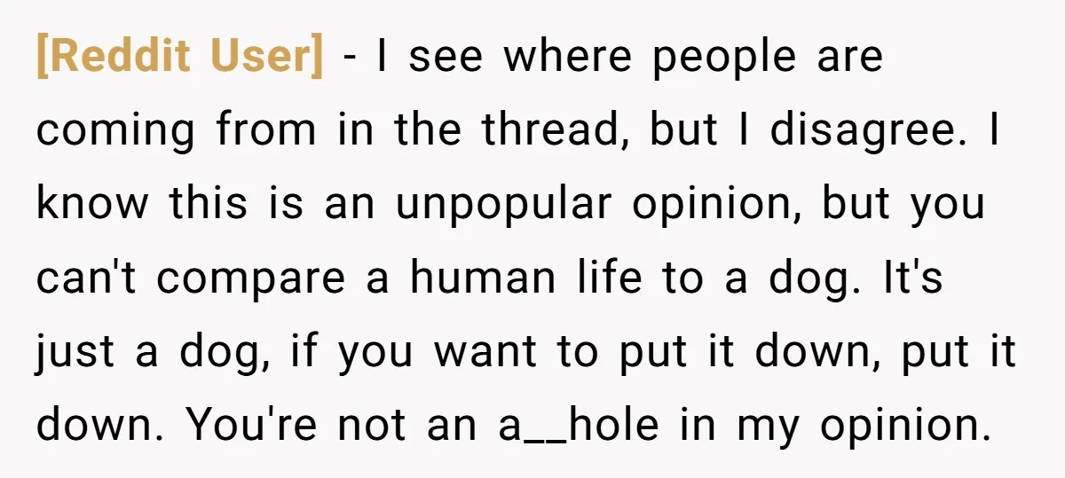 [Reddit User] - I see where people are coming from in the thread, but I disagree. I know this is an unpopular opinion, but you can't compare a human life...