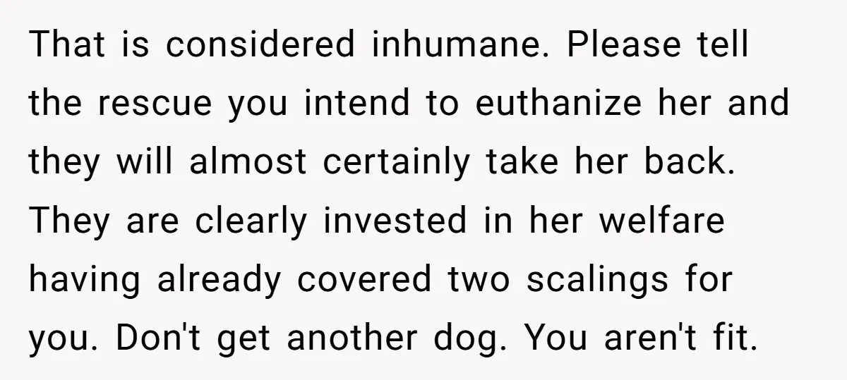 That is considered inhumane. Please tell the rescue you intend to euthanize her and they will almost certainly take her back. They are clearly invested in her welfare having already...