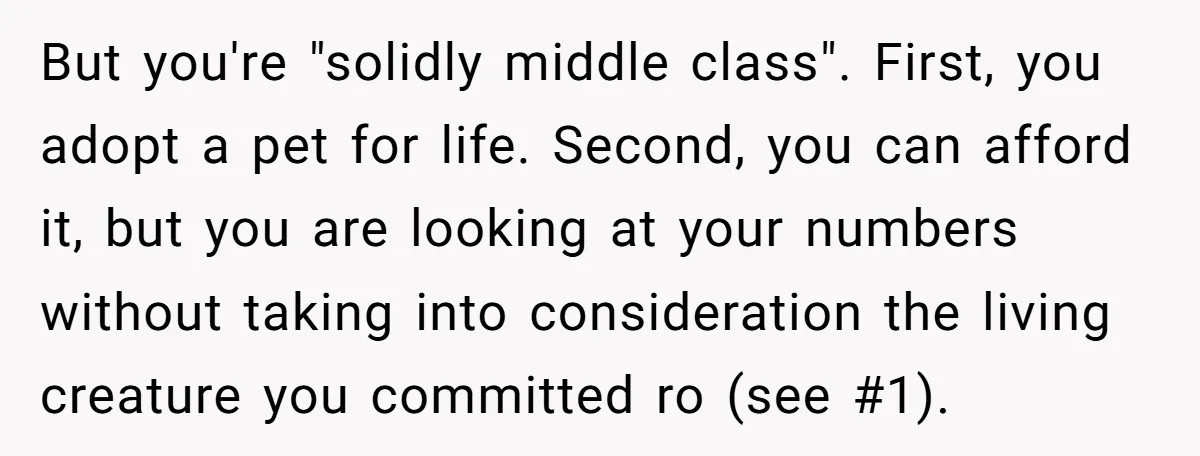 But you're "solidly middle class". First, you adopt a pet for life. Second, you can afford it, but you are looking at your numbers without taking into consideration the living...