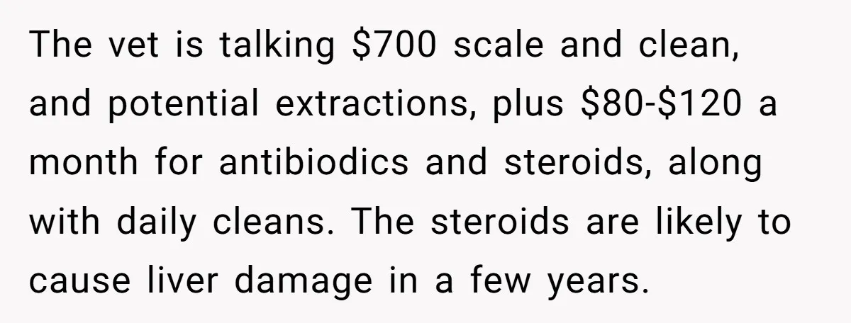 The vet is talking $700 scale and clean, and potential extractions, plus $80-$120 a month for antibiodics and steroids, along with daily cleans. The steroids are likely to cause liver...